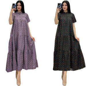 Elegant Loose A-line Dresses Women Designer Print Pleated Long Sleeve Maxi Dress Free Ship
