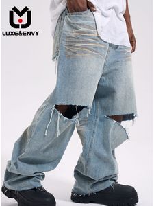 Mäns jeans luxe high street wash gjorde gamla råa kant knähålbyxor bred benmopp vår sommar 2023 230608