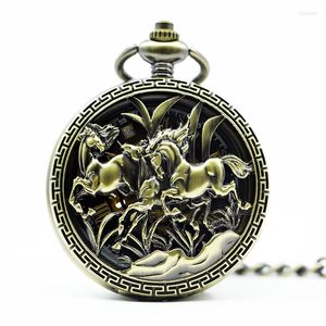 Pocket Watches 5pc/lot Retro Hollow Horse Design Mechanical Watch Steampunk Skeleton Hand Wind With FOB Chain Roman Dial PJX1298