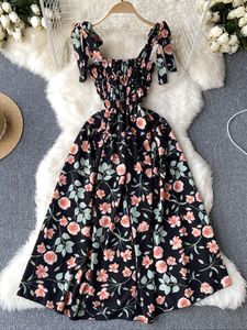 기본 캐주얼 드레스 yuoomuoo 로맨틱 플로럴 프린트 붕대 끈 드레스 여름 방학 패션 해변 긴 드레스 세련