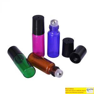 Wholesale Price Thick 5ml AMBER Purple GreenRose Red Empty Roll on Glass Bottle for Essential Oil Bottle With Metal Roller Ball