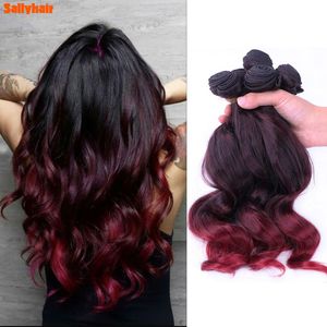 ヘアバルクスルーズウェーブ合成髪織りヘアバンドル6ps/lot nature burgundy color wavyヘアエクステンション14/18インチミックスカラー織り230608