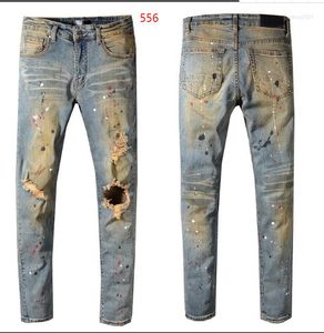 Jeans da uomo Offerta speciale High Street Blue Strappato Patch da uomo Slim Fit Stretch Pantaloni in denim nero Pantaloni casual Prezzo all'ingrosso 688