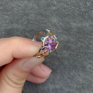 Ringos de cluster Kkgem 925 Sterling Silver Ring Natural Amethyst Rhinestone Gemstone para noivado Presente de mulheres