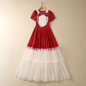 2023 Summer Black / Red Contrast Color Bow Panelled Tulle Dress Short Sleeve Round Neck Buttons Long Maxi Casual Dresses S3L070601
