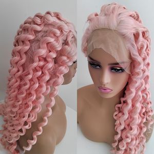 Lace Wigs Pink Color Synthetic Front Wig With Free Part Long Deep Kinky Curly Cosplay Heat Resistant Fiber Baby Hair 230609