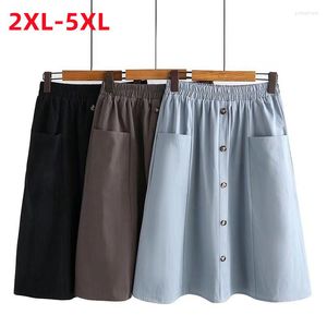 Skirts 2023 Ladies Summer Plus Size Long Skirt For Women Large Casual A Line Cotton Button Blue 2XL 3XL 4XL 5XL