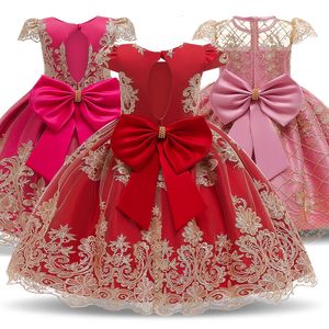 Girl's Dresses Red Bow Baby Girl Clothes Flower Princess Party Dresses Print Birthday Tutu Dress Luxury Children's Clothing Christmas Clothes 230609