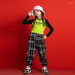 Bühnenkleidung Mädchen Coole Hip Hop Kleidung Grün Crop Top Langarm T-shirt Streetwear Plaid Cargo Hosen Für Kinder Tanzen Kostüm Kleidung