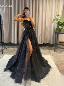 Urban Sexy Dresses Shiny Tulle Evening Dress 2023 Black VNeck StrapLlace Applique Party Aline High Side Slit Formal Occasion Prom Gown 230609