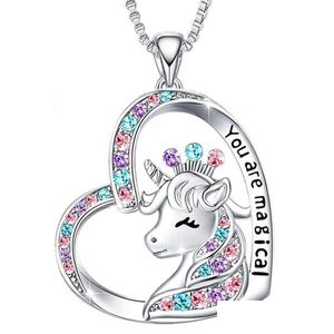 Collane con ciondolo Collana con unicorno Carino Cuore fortunato Crystal Birthstone Cavallo Sei gioielli magici Regalo di compleanno Ragazze Drop Delive Dhy35