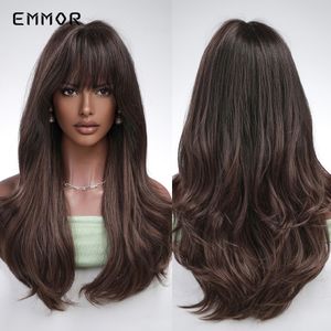 Synthetic Ombre Brown to Black Wigs Natural Blond Wavy Hair Wig for Women Cosplay Orange-brown Daily Wigs with Bangsfactory dir