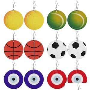 Fashion Fashion Sports Print Print Dengle Dangle кожаные серьги баскетбол Vollyball Evil Blue Eye Light The Cround Ear для Drop Dhuez