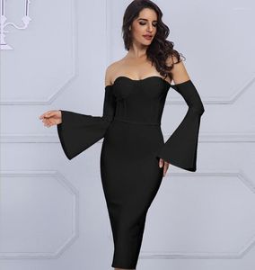 Abiti casual Abito senza spalline bianco con spalle scoperte Guaina manica lunga Maxi lunghezza al ginocchio Abiti da cerimonia eleganti neri per feste Abiti da donna