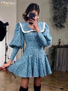 Casual Dresses Claceive Fashion Slim Print Women's Bodycon Doll Collar Lantern Sleeve Office Mini Dresss Elegant High midje Kvinnlig klänning