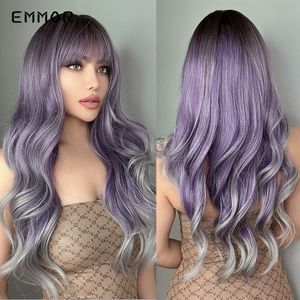 Perucas sintéticas ombre roxas a prateadas Perucas naturais de cabelo loiro ondulado para mulheres Cosplay Laranja- Perucas diárias para festas com franja