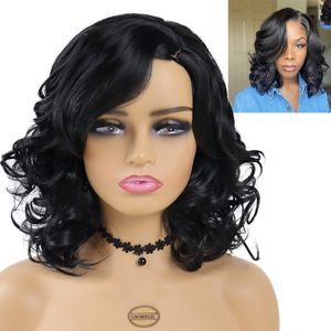 Synthetic Hair Curly Wigs for Women Black Short Wig with Side Bangs Natural Hairstyles Mommy Wigs Elderly Wave Wigfactory direc