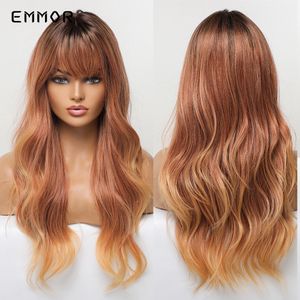 Perucas Sintéticas Ombre Marrom a Gengibre Perucas de Cabelo Loiro Natural Ondulado para Mulheres Cosplay Perucas Diárias Marrom-Laranja com Bangsfactory d