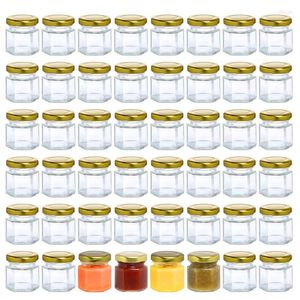 Vorratsflaschen, 60 Stück, 1,5 Unzen, sechseckige Mini-Honiggläser aus Glas mit Gloden-Deckeln für Marmeladen, Süßigkeiten, Hochzeitsfeiern