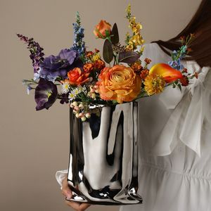 Vases Luxury Ceramic Silver Plant Vase Electroplating Floral Living Room Flower Arrangement el Art Pot Decoration Home Accessories 230609