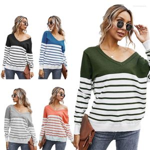 Women's Knits Women Sexy V-Neck Drop Shoulder Sweater Color Block Stripes Knitted Pullover Tops Long Sleeve Casual Loose Ribbed Trim N7YE