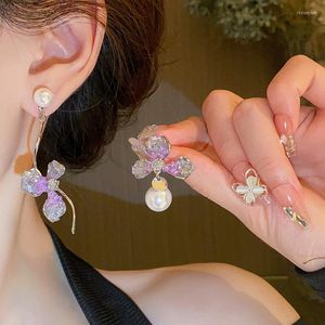 Dangle Earrings DREJEW Exquisite Flower For Women Purple Black Crystal Earring Asymmetrical Drop Wedding Party Jewelry