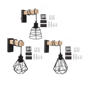 Wall Lamp Mount Sconces Plug In Cord Vintage Wire Cage Wooden Arm Decoration US 85-265V On Off Switch For Bedroom