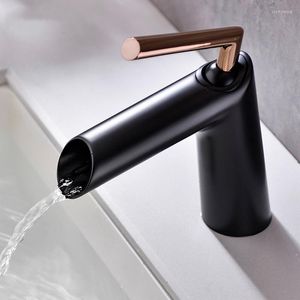 Bathroom Sink Faucets Black Rose Gold Basin Solid Brass Mixer & Cold Single Handle Deck Mounted Lavatory Waterfall Taps