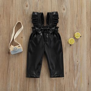 Overall mode girl läder spännande byxor barn baby fasta byxor småbarn bowknot ruffle övergripande barn outwear 230609