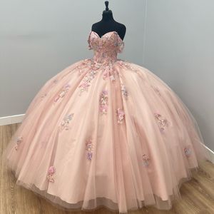 New Pink Princess Quinceanera Dresses Off The Shoulder Appliques Flowers Beads Ball Gowns Sweet 16 Dress Vestido De 15 Anos