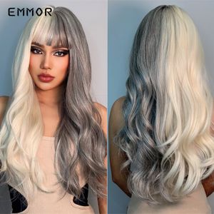 SyntheticCosplay Long Curly Half Platinum Blonde Half Ash Gray HalloweenParty Hair Wig for Women Heat Resistant Fiber Wigsfacto