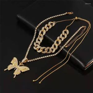 Chains High Quality Punk Cuban Double Layer Butterfly Pendant Necklace Rhinestone Gold Color Choker Thick Chain Women Jewelry