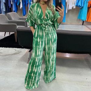 Damen Jumpsuits Rompers Liyong Women Jumpsuit Dolman Sleeves gegen Hals Schnürung Nipped Taille Drucken losen Weitbeins Casual Hosen Romper High Streetwear 230609