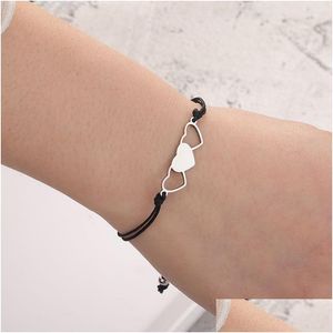 Charm Bracelets Handmade Double Heart Braided Friendship Rope Bracelet Stainless Steel Jewelry Drop Delivery Dh6H7