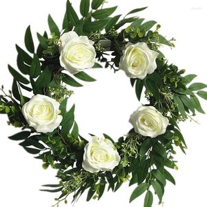 Decorative Flowers 18 Inch Silk Fabric Rose Willow Leaves Artificial Evergreen Wreaths Home Decor Wedding Door Decoration