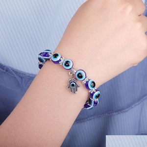 Kedja kalkon onda blå ögon pärlstav armband hamsa hand charm elastiska armband armband grossist smycken droppleverans dhbz9