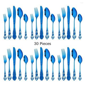 Dinnerware Sets 30Pcs Knife Dessert Fork Spoon Set Retro Blue Cutlery High Quality Stainless Steel Flatware Kitchen Tableware