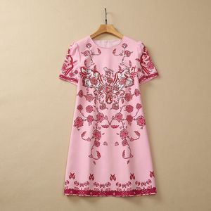 2023 Summer Pink Floral Print pärlor Bomullsklänning Kort ärm Runda nacke Rhinestone Korta Casual Dresses S3L070608