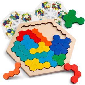 لعبة ألغاز سداسي خشبي للطفل البالغين شكل النمط كتلة Tangram دماغ Teaser Toys Geometry Logic IQ Game STEM Montessori Educational Gift for All Ages Challenge