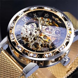 Zegarek chwała przezroczystą modę Diamond Luminous Gear Ruch Królewski Design Mężczyzn Mężczyzny Mechaniczny szkielet zegarek na nadgarstek