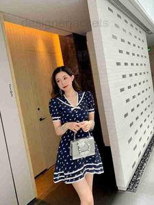 Grundläggande avslappnade klänningar Designer High End Spring/Summer Contrast Ribbon Decoration Navy Collar Cat Print Dress 5ooo