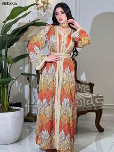 Etniska kläder Gorgeous Party Evening Dresses Set For Women Muslim Chic Rhinestone Tape Trim V Neck Long Sleeve Jalabiya och Kimono Abaya