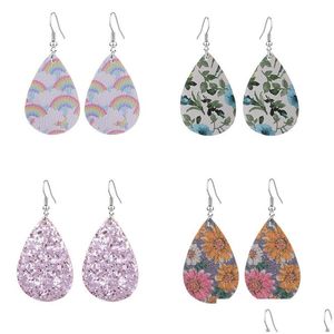 Urok Sunflower Printed Teardrop Faux skórzane kolczyki lekkie tęczowe liść Rainbow Dangle K inkuria dziewczęta bohemijska biżuteria upuszcza dostawa dhpxr