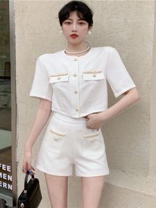 Kvinnors träningsdräkter Summer Vintage Solid Shorts Set Women Single Breasted Shirt Crop Top High midje Wide Leg Suits Damer Two Piece