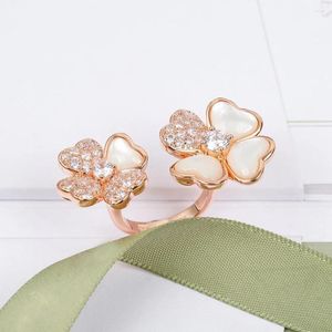 Cluster Rings European Luxury Jewelry Selling Moda Marca Festa de Aniversário Anel Feminino Ouro Rosa 4 Folhas Flor em Forma de Coração