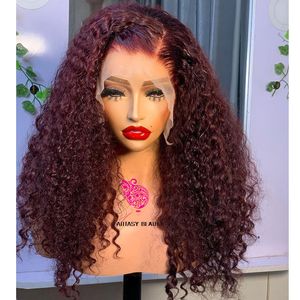 Кружевные парики 99J бордовый винный винный красный цвет Kinky Curly Synthetic Front для чернокожих женщин натуральная линия волос -бесцветная длина ежедневная одежда 230609