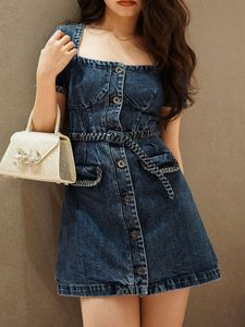 Casual Dresses S-elf-Portrait Women Cotton Denim Dress Square Neck Short Sleeve Mini Shirt Dress