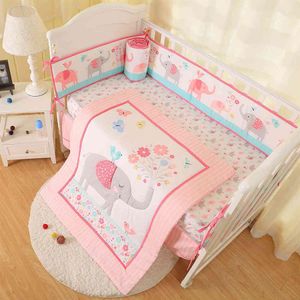 New arrival 7Pcs Newborn Crib bedding set elephant Baby bedding set For Girl Baby bed sets Cuna quilt Bumper bed skirt Fitted1700