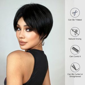 Black Pixie Cut Synthetic Bob Wigs With Bangs Short Straight Natural Hair Wig for Women Cosplay Party Heat Resistantfactory dir