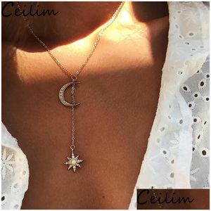 Подвесные ожерелья Bohemian Crystal Star Collecle Mtilayer Vintage Choker с Moon Sun Pendant